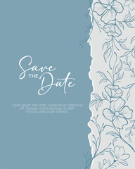 Ocean Blue ripped paper on floral frame border. Vector decorative floral greeting card or invitation design