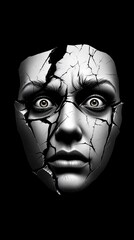 Cracked Human Mask with Multiple Emotions — Symbolic Black and White Concept Art