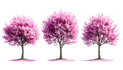 Trio of pink, full blossom trees against a black backdrop