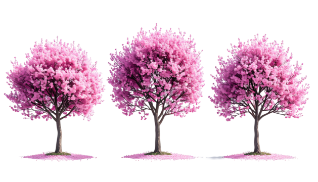 Trio of pink, full blossom trees against a black backdrop