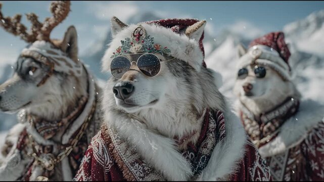 サングラスをかけたクールなオオカミたちのクリスマス