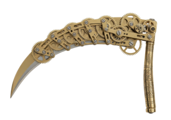 Intricate brass mechanical karambit knife with detailed gears and ornate handle, a stunning blend of art and engineering for collectors and enthusiasts.