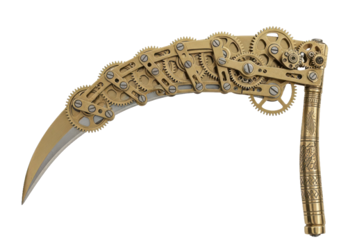 Intricate brass mechanical karambit knife with detailed gears and ornate handle, a stunning blend of art and engineering for collectors and enthusiasts. - Powered by Adobe