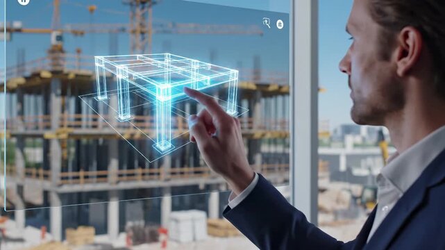Engineer interacts with holographic bim model at construction site. Augmented reality technology enables digital building visualization, architectural planning, structural design. Professional uses