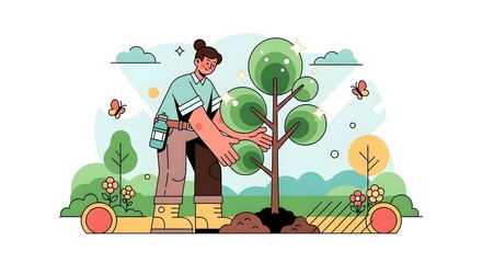 Joyful person lovingly planting a vibrant young tree in a sunny, blooming garden, symbolizing growth and nature's beauty.