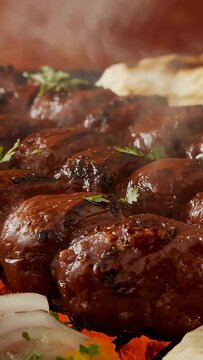 Vertical video: Charcoal embers heating outdoor grill sparking kebabs sizzling with herb leaves