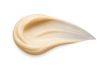 Beige cosmetic cream smear with subtle shimmer, creating a textured swatch. Skincare lotion or foundation sample on transparent background