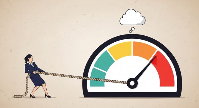 Reaching Goals with Relentless Effort: A Metaphor for Success. Woman Pulling a Rope to Reach a High-Performance Level on a Performance Indicator to Achieve Success.