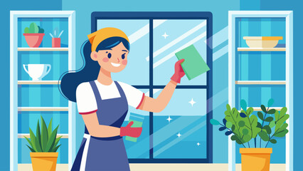 A woman is cleaning a window with a green cloth. She is smiling and seems to be enjoying her work