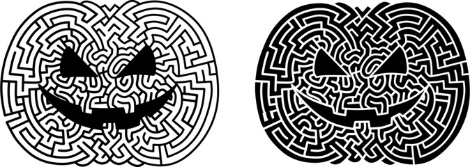 Pumpkin maze Halloween game. Black and white stencil vector puzzle.