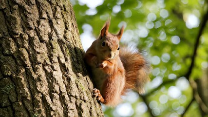 Two squirrels engage in dynamic activity on a tree trunk, characterized by warm red tones and inviting atmosphere, perfect for wildlife documentaries or educational programs showcasing the.