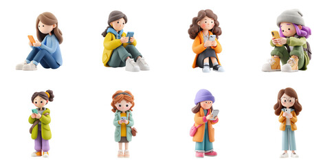Fototapeta premium Animation girl playing phone white background png transparent entertrainment concept using for decoration.