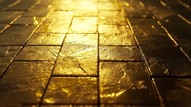 Close up of a golden brick floor with a shiny surface, creating a luxurious and opulent atmosphere