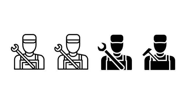 Illustration of a mechanic with a wrench in black and white, showcasing the profession and tools