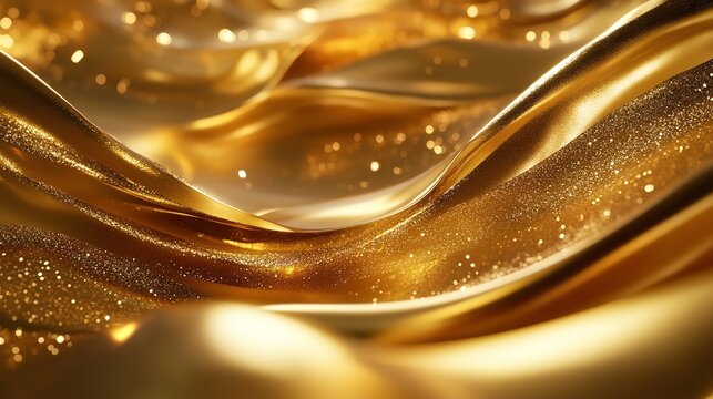 Abstract golden silk fabric with shimmering highlights and soft folds, creating a luxurious backdrop
