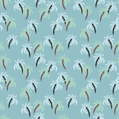 Seamless tropical vector pattern with palm trees in mint green, light blue, and brown on a soft teal background. Designs for summer fabrics, beachwear, and tropical design projects
