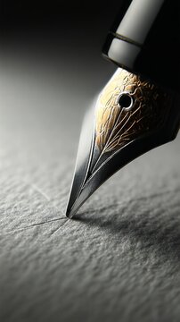 Macro view of ink pen tip poised over white paper revealing soft shadows and minimal detail in a creative moment of writing