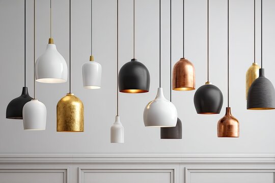A variety of pendant lamps in various colors and finishes hang from the ceiling against a plain white wall
