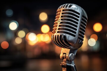 Vintage microphone against a blurred city night background