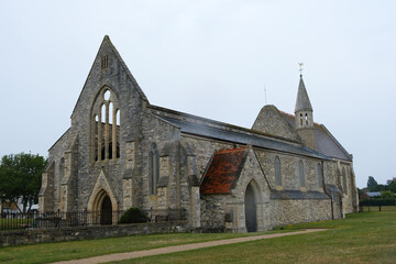 View of Royal Garrison Church Ruins Exterior and Pathway Against an Overcast Sky in Portsmouth, England
