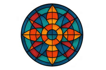 Symmetrical circular stained glass mandala with colorful geometric patterns creating a spiritual and decorative design