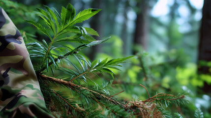 Defocused shot of camouflage patterns blending into the forest background, nature and human adaptation theme, with copy space.