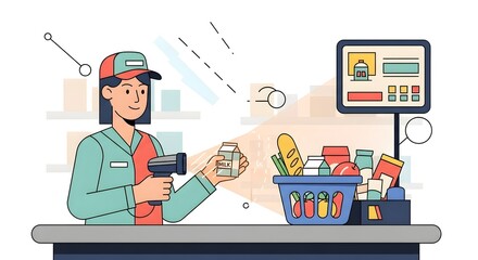 Friendly cashier scanning milk carton at grocery checkout, basket full of fresh food and groceries for a healthy lifestyle, modern retail convenience