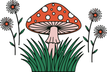 mushroom, nature, grass, cartoon, illustration, vector