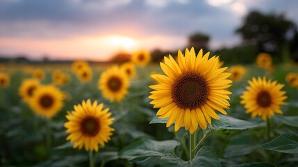 Fototapeta premium A beautiful field of vibrant yellow sunflowers basks in the warm glow of a golden hour sunset creating a serene natural landscape