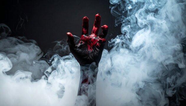 A dark hand smeared with red reaches from a smoky, white fog on a dark background