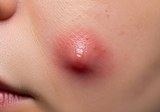 Close-up of a cheek with a single, large, painful cystic acne nodule under the skin. The area is red, swollen, and inflamed with no head. Severe acne.