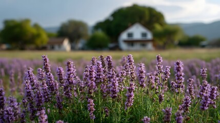 Fototapeta premium A serene field of vibrant purple flowers with a farmhouse in the soft afternoon light