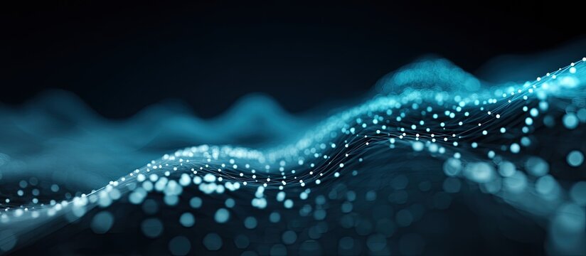 Abstract digital landscape.  Blue glowing particles form undulating, wave-like patterns on a dark background.  Diffuse light creates a soft, ethereal quality