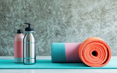 Colorful yoga mat with reusable water bottles and rolled towel, representing eco friendly fitness accessories against a neutral background
