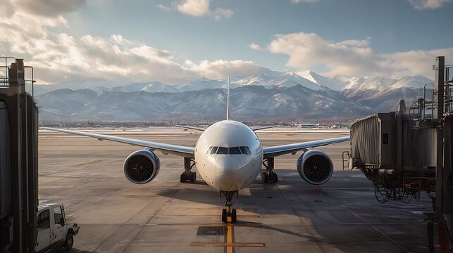 WideBody Aircraft at Gate with Distant Mountains and Cloudy Sky Backdrop