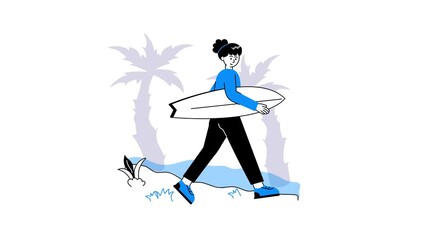Girl holding surfer board, summer activities vector animated illustration