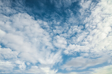 the sky is clear blue with fluffy white clouds, the sky is very bright, and the sun shines.