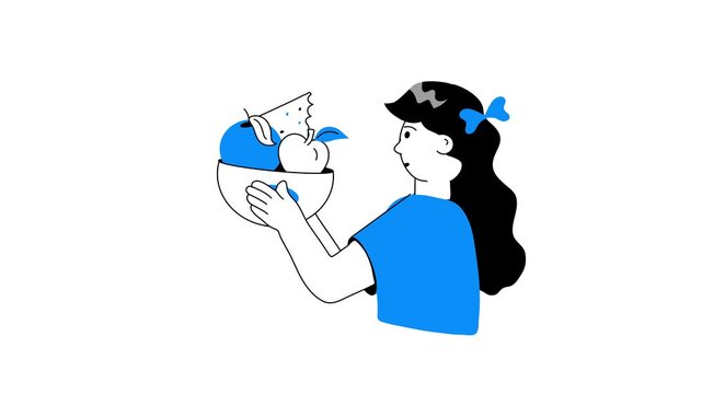 A girl holding fruit bowl, summer fruits vector animated illustration