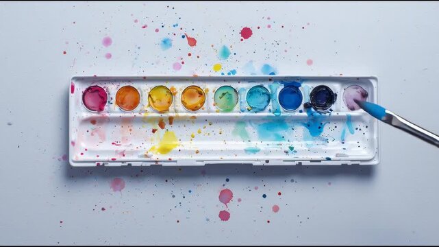 Isolated image of a watercolor paint palette on a white surface, small splashes of color, artistic theme.