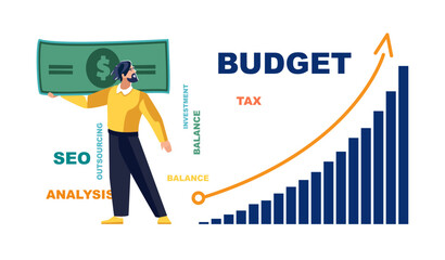 Business, work, budget. Businessman employee and financier puts dollars into budget for financing, investment growth. Poster, audit, people, chart, bank prosperity, profitability. Vector illustration