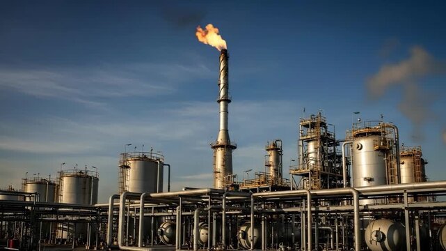 Industrial refinery with flare stack emitting fire against blue sky