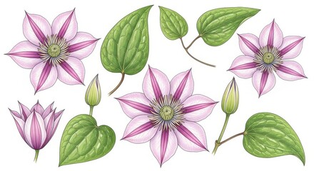 Watercolor illustration of pink and white clematis flowers and leaves