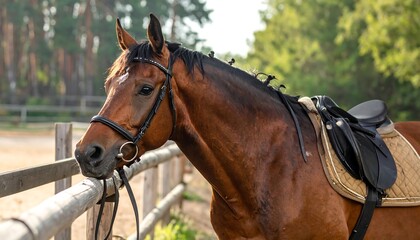 Fototapeta premium A brown horse with a saddle and bridle stands by a wooden fence with a background of trees and green foliage