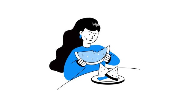 A girl eating watermelon animated illustration, capturing the joy of summer with refreshing, juicy fruit and happiness.