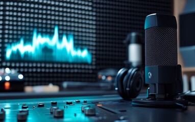 Professional recording studio setup with condenser microphone, audio mixer, and waveform display, showcasing modern audio production equipment
