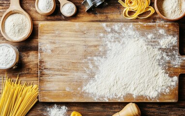 Wooden cutting board dusted with flour, surrounded by pasta ingredients, raw spaghetti, and utensils on rustic table, homemade Italian cooking concept
