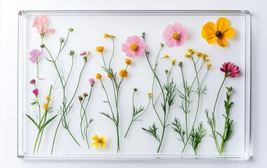 Colorful wildflowers arranged in a herbarium style display on a white background, showcasing botanical diversity and natural beauty
