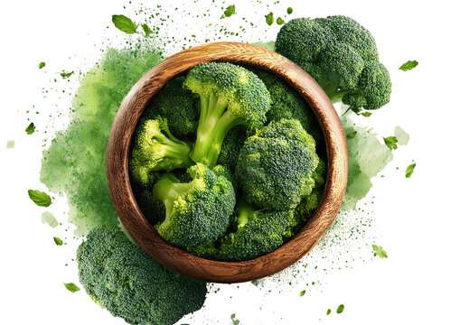 Broccoli in wooden bowl with greens. Overhead view