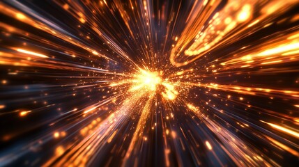 Abstract hyper jump into another galaxy with bright orange light trails and glowing particles in space