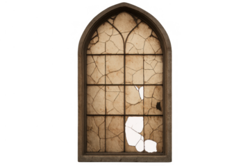 Gothic arched window with broken glass showing decay and ruin, vintage style, transparent background